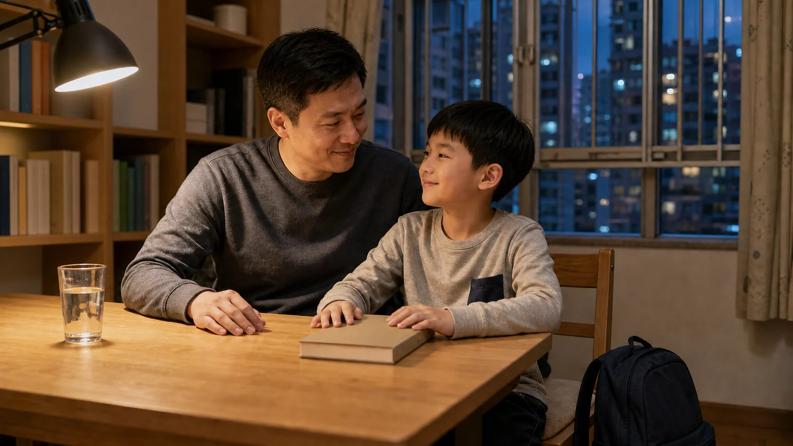 夜晚枱燈下一張收拾乾淨的書桌:一本合上的書、一杯水,書包已靠在椅腳。