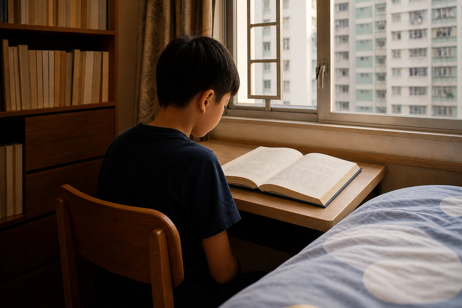 一個孩子坐在香港住宅睡房的窗邊小書桌前看書,窗外是屋苑樓宇。