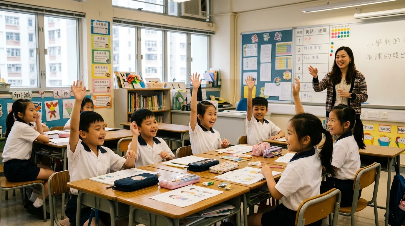 香港小學低年級課室,學生穿著校服開心投入上堂,幾位舉手回答,老師在前方講解。