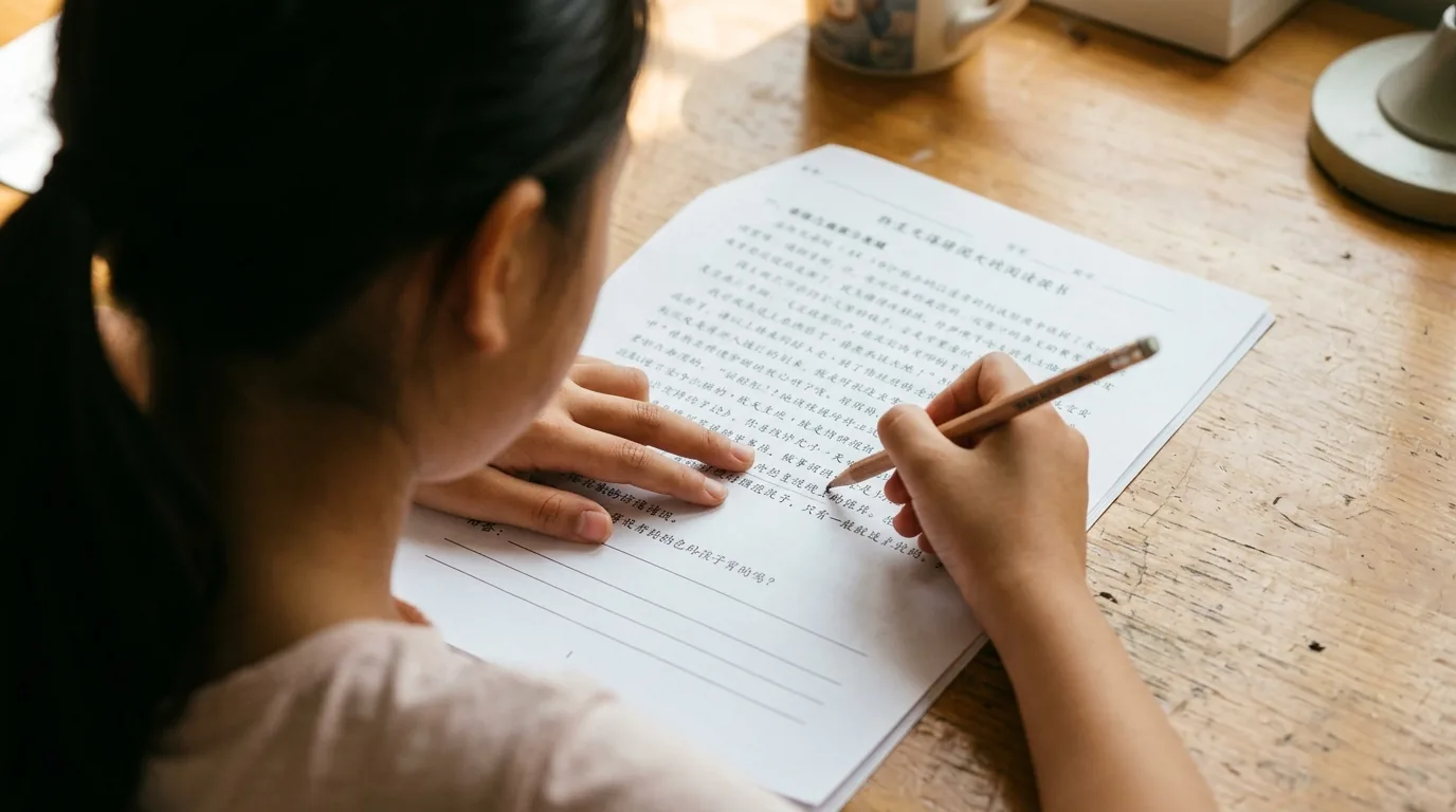 書桌上一份中文閱讀理解練習,孩子一手指著文章的一行、一手執筆閱讀。