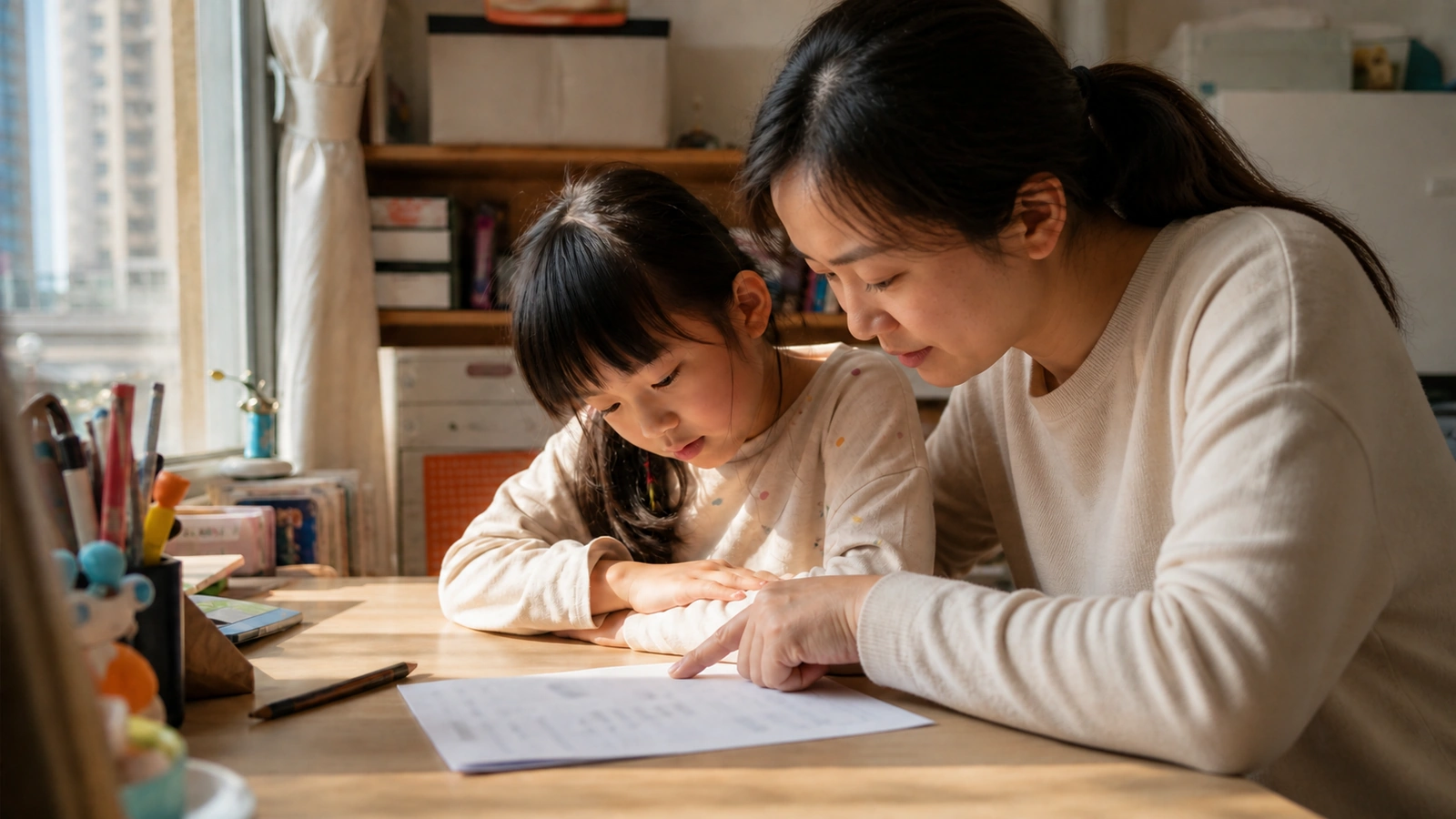 一位家長與就讀小學的孩子並肩坐在書桌前，一起看着桌上的一份練習卷。