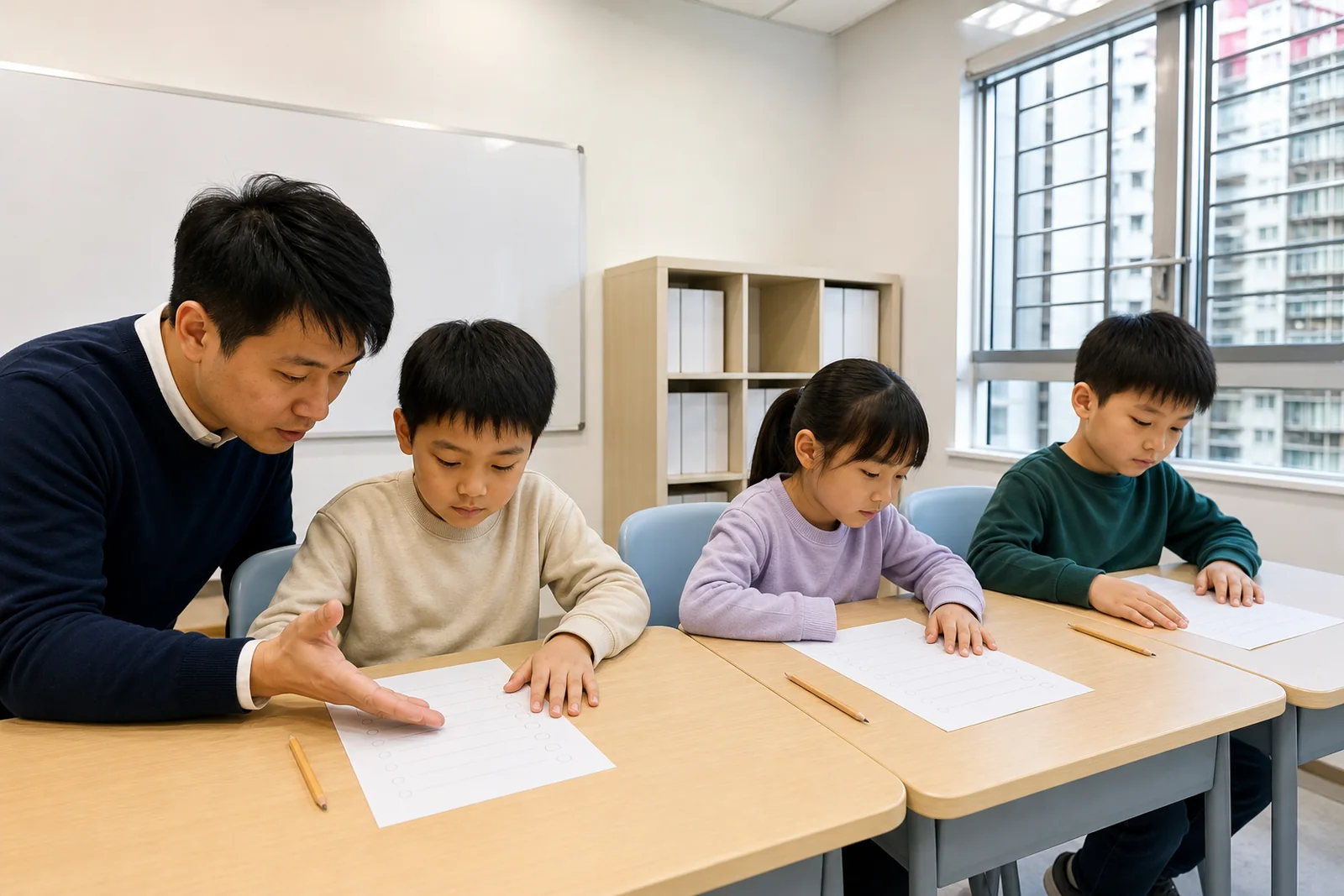 一位導師在香港補習中心的小班課室內,俯身向一位小學生講解桌上的練習。
