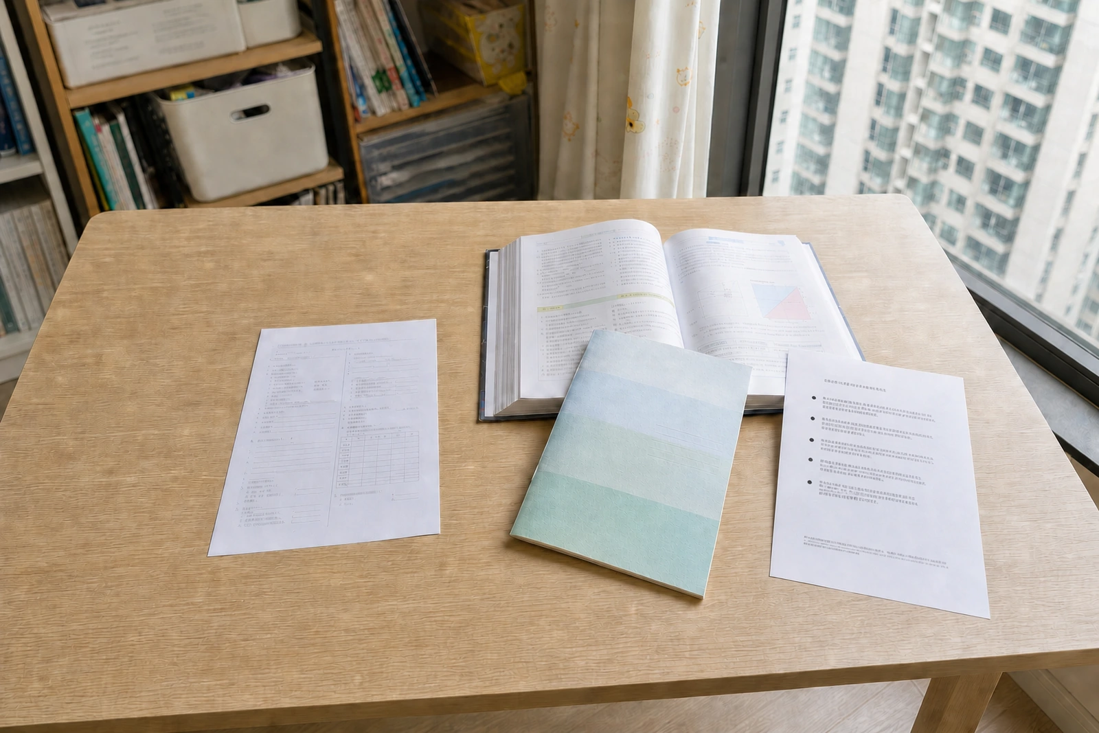 書桌上放着一份印刷試卷,旁邊是攤開的教科書、練習簿和學校發出的印刷考試範圍通告。